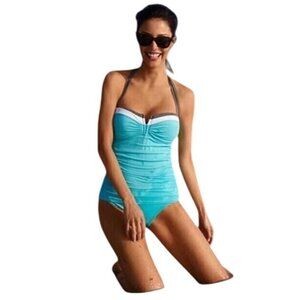 Tommy Bahama halter neck ruched one piece swimsuit sweetheart neckline women’s 6